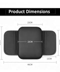 Kickass Double Duty Armrest Pad For Tesla Cybertruck Console With Nailed It Elastic Strap and Ultra Thick High Resilience Foam showing dimensions 46x29 cm.
