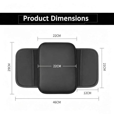 Kickass Double Duty Armrest Pad For Tesla Cybertruck Console With Nailed It Elastic Strap and Ultra Thick High Resilience Foam showing dimensions 46x29 cm.
