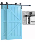 Sliding Barn Door Kit For 5 To 13 Feet Heavy Carbon Steel Rail System With Matte Black Finish Single Track For Wardrobe Or Double Wooden Doors Silent Rollers Waterproof And Rust Proof Hardware Included 170cm Track Length installed on blue doors