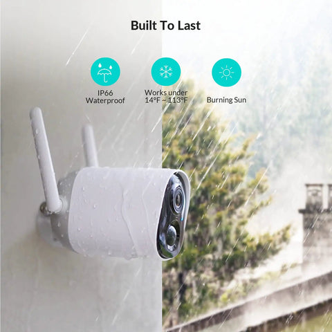 Wireless Outdoor Security Camera With Rechargeable Battery And Solar Power AI Smart Detection IP66 Weatherproof mounted in rain