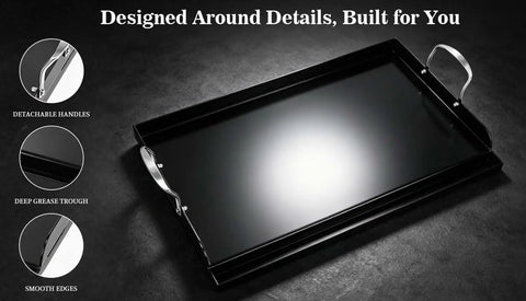 Grillin Ready 25 Inch By 16 Inch Cast Iron Griddle with nanoceramic nonstick coating, showing detachable handles and smooth edges.