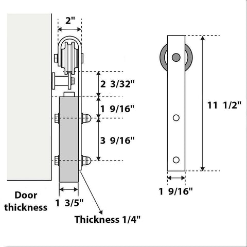 Diagram of Sturdy Sliding Double Barn Door With Frosted Glass In Matte Black Finish Planum 2102 hardware measurements.