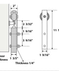 Technical drawing of a hardware kit for 32x84 inch interior sliding barn door with frosted glass, solid wood construction, black modern style.