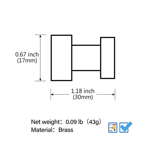 Diagram of Compact Brass Robe Hook For Bathroom With Glue, Lightweight Small Towel Hook, 0.67x1.18 in size, material brass.