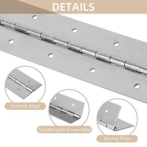 Close-up of Heavy Duty Stainless Steel Piano Hinges, 36 Inch Continuous Door Hardware With Screws, featuring smooth edges and screw holes.