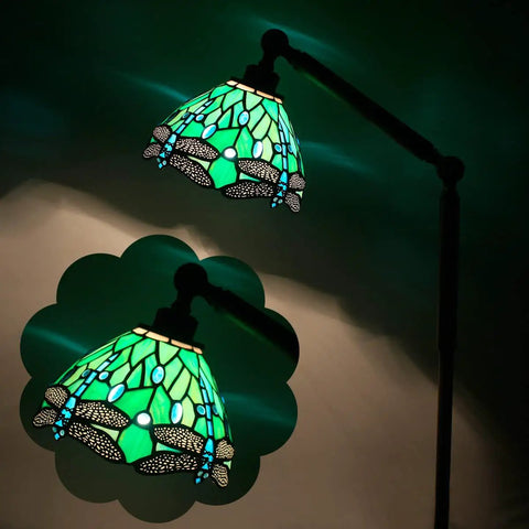 Tiffany Style Floor Lamp With Swivel Arm Stained Glass Dragonfly Green Reading Light 72 Inch Tall Torch Lamp Adjustable Angle
