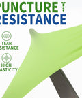 Green nitrile disposable glove shown with puncture resistance, tear resistance and high elasticity icons.