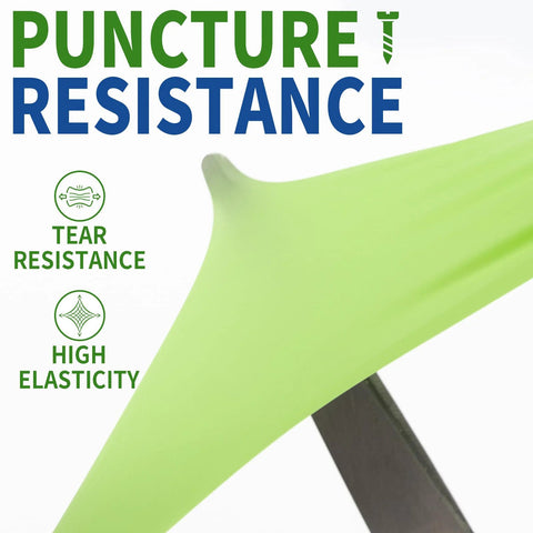 Green nitrile disposable glove shown with puncture resistance, tear resistance and high elasticity icons.