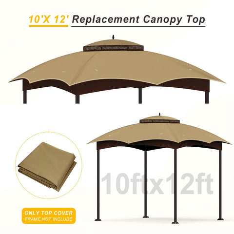 10x12 Ft Replacement Canopy Top Premium Ripstop With Double Tier Waterproof UV Resistant Gazebo Roof For Outdoor Patio Khaki