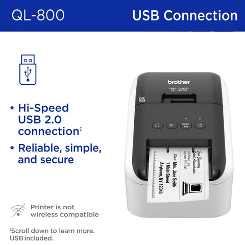 QL-800 High Speed Thermal Label Printer With Plug And Label Feature No Fuss Setup, 93 Labels Per Minute At 300 Dpi, Dual Color Black And Red Printing, Multi System Compatible, Genuine DK Pre Sized Labels, USB Cable Included shown with label output on a desk.
