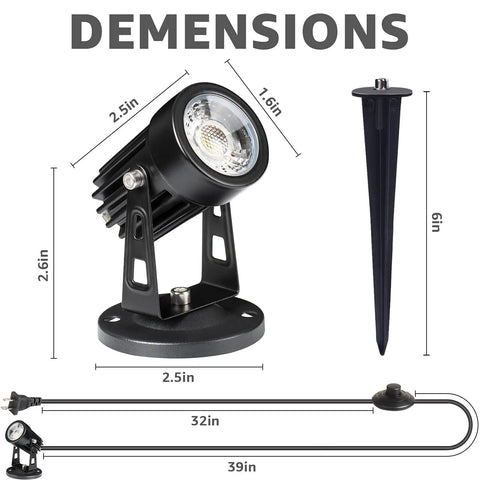 Two Pack Indoor LED Spot Lights For Plants And Decor With 120V Warm White 3000K Glow, dimensions and components shown