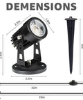 4 Pack LED Spotlight Indoor Plant Uplights 120V With 5.9 Ft Cord Warm White 3000K, dimensions and included stake, base view.