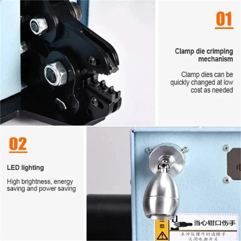 Quick As Lightning 60W Electric Terminal Crimping Tool featuring clamp die mechanism and LED lighting for visual aid in wire splicing.