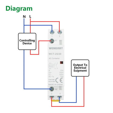 Wiring diagram for Top Shelf 25A AC Contactor 2NO 2 Pole 120V Coil DIN Rail Mount handling massive inductive loads.