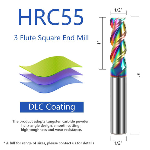 Half Inch Solid Carbide Flat End Mill 3 Flute Diamond Like Coating Cutter For Aluminum Copper Magnesium Alloys