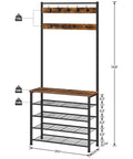 Coat Rack With Bench And Five Tier Shoe Storage Organizer With Nine Hooks For Entryway Or Mudroom Sturdy Industrial Rustic Brown And Black Hall Tree No Brainer For Busy Homes. Measurements and weight capacity shown.