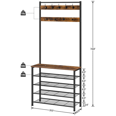 Coat Rack With Bench And Five Tier Shoe Storage Organizer With Nine Hooks For Entryway Or Mudroom Sturdy Industrial Rustic Brown And Black Hall Tree No Brainer For Busy Homes. Measurements and weight capacity shown.