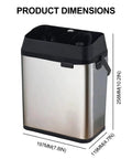 Product dimensions of Top Shelf Electric Knock Box And Commercial Portafilter Cleaner, showing sleek stainless steel design.