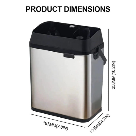Product dimensions of Top Shelf Electric Knock Box And Commercial Portafilter Cleaner, showing sleek stainless steel design.