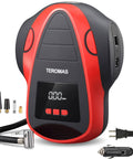 Your Go To Portable Tire Inflator Air Compressor With Dual Power DC 12V Car Plug And 110V Home Outlet Digital Pump, red