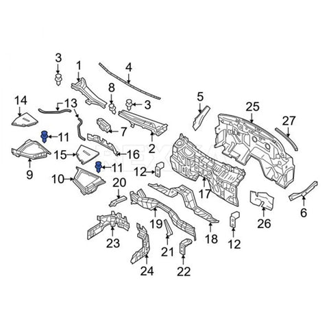 Diagram of 40 Piece Fender Liner Splash Shield Push Pin Clips Fit Nissan 370Z Altima Maxima Murano Sentra Q50 Q60 Q70 Qx30 Qx50 Qx60 Qx70 Qx80