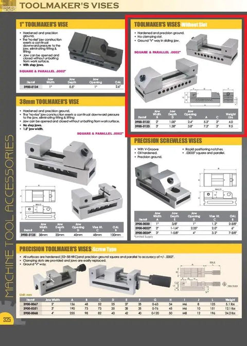3 Inch Parallel Vise Without Slot For Milling And Machining Hardened And Ground V Way Precision Square And Parallel To 0.0002 In Jaw Depth 1.38 In No Clamping Slot Reliable Shop Bench Vise For Precise Work shown in a catalog