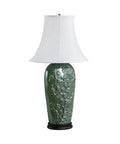 Green Glaze Floral Embossed Ceramic Table Lamp With Dark Wood Base, Traditional 33.5 Inch Height, Oval Bell Off White Linen Shade