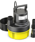 Workhorse Half Horsepower Submersible Water Pump With 2200GPH, Portable Sump Pump, Yellow base, 25 ft cord, two attachments shown