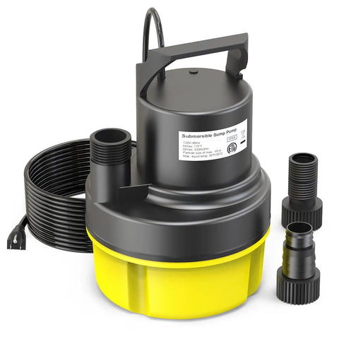 Workhorse Half Horsepower Submersible Water Pump With 2200GPH, Portable Sump Pump, Yellow base, 25 ft cord, two attachments shown