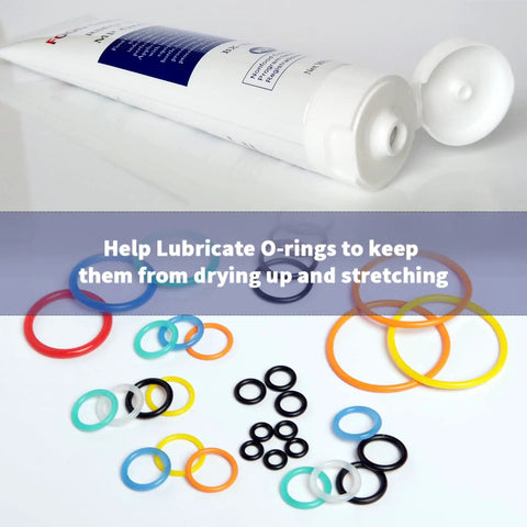 Food Safe Machine Lubricant For Frozen Dessert Equipment next to O-rings, 1x4oz bottle helps lubricate and protect gaskets