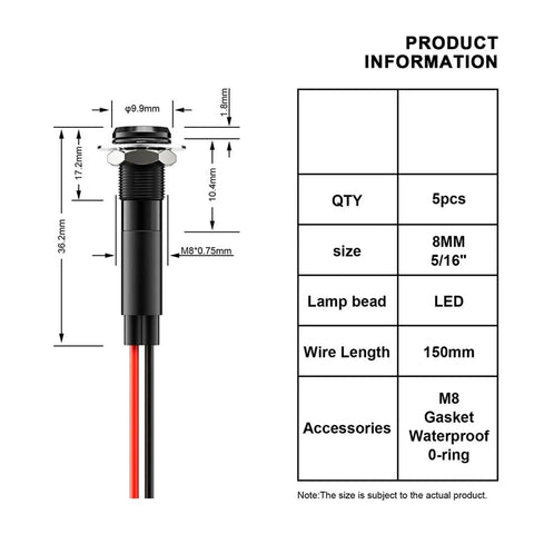 Five Pack 8mm LED Flat Head Metal Indicator Lights Prewired 5 to 24V IP65 Waterproof Rugged Panel Indicators For Auto Dashboards Industrial Equipment And Outdoor Gear, dimension diagram, M8