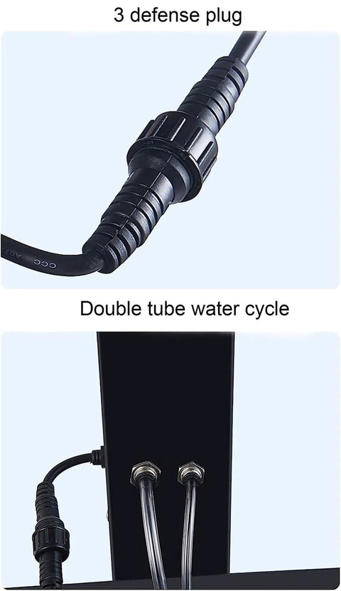 Heavy Duty Misting Pedestal Fan Delivers Badass Cooling Flow With Three Speed Levels For Gyms Workshops Or Grow Rooms showing 3 defense plug and double tube water cycle connection.