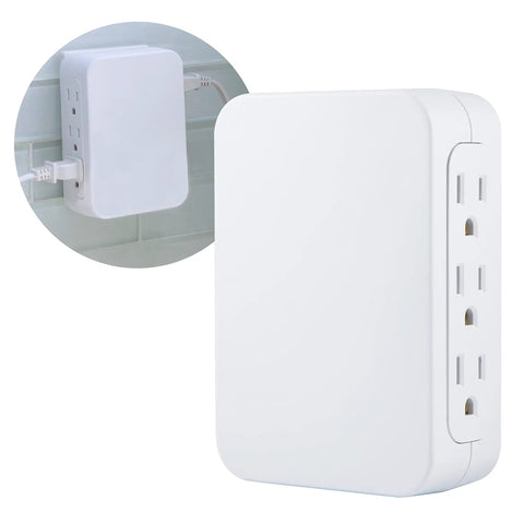 Six Outlet Surge Protector Wall Tap Extender With Side Access Design For Tight Spots, 1200 Joules, 3 Prong Grounded Outlets, UL Listed, White, Great For Home Office And Entertainment Setups