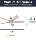 52 Inch Espresso Smart Ceiling Fan With Remote Control, Energy Efficient Air Circulation For Medium To Large Rooms, dimensions shown.