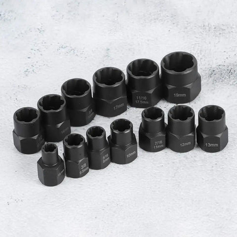 Bolt And Nut Removal Extractor Socket Tool Kit With Beast Grip For Tough Bolts, 3/8 Inch Square Drive, shown in various sizes