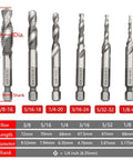 Six Piece Drill Tap Combination Bit Set With 1/4 Inch Hex Shank For 1/8 To 3/8 Inch Sizes HSS 4341 High Speed Steel Countersink And Screw Thread Bits Built For Quick Change Jobs And Everyday Fixes displayed with size chart