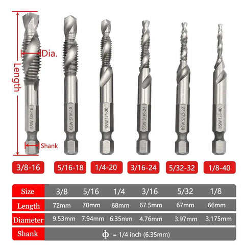 Six Piece Drill Tap Combination Bit Set With 1/4 Inch Hex Shank For 1/8 To 3/8 Inch Sizes HSS 4341 High Speed Steel Countersink And Screw Thread Bits Built For Quick Change Jobs And Everyday Fixes displayed with size chart