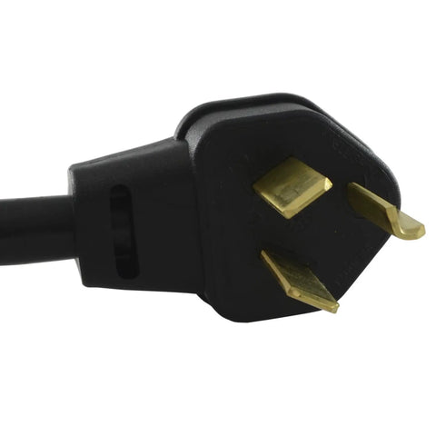 Close-up of plug end of Heavy Duty NEMA 10-30 Dryer Extension Cord, 25 Feet, 30 Amp 125/250 Volts, STW 10/3 Cable, 7500 Watt Capacity