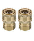 Two brass pressure washer quick-connect couplers side-by-side, 1/4 in to female NPT, 5000 PSI, knurled grips, 2-pack