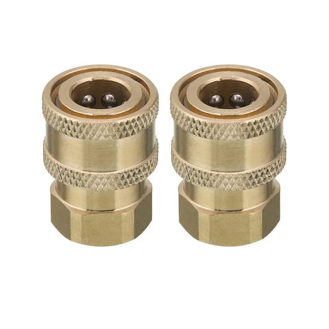 Two brass pressure washer quick-connect couplers side-by-side, 1/4 in to female NPT, 5000 PSI, knurled grips, 2-pack