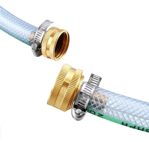 2 Pack Garden Hose Connector For 1/2 Inch Barb To 3/4 Inch Female GHT Thread Solid Brass Hose Repair Kit With Stainless Clamp Leak Proof Hose End Mender For 1/2 Inch Garden Hose