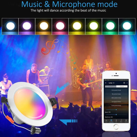6-Inch Smart LED Recessed Downlights 15W RGBCW 2700K-6500K Multicolor with music sync and app control shown with concert scene.
