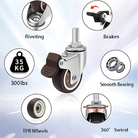 Image of Stem Casters With 360 Degree Swivel TPR Wheels For Carts Furniture Dolly And Workbenches, highlighting features like braking system, smooth bearing, and 300 lbs capacity.