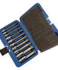 Heavy Duty 10 Piece Universal Socket Set With 1/4 3/8 And 1/2 Inch Drives Featuring Metric Sizes From 4 To 18 Mm in portable case.