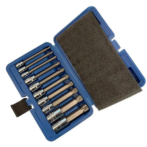 Heavy Duty 10 Piece Universal Socket Set With 1/4 3/8 And 1/2 Inch Drives Featuring Metric Sizes From 4 To 18 Mm in portable case.