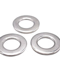 Three flat washers from the 412 Piece Flat Washer Set In 304 Stainless Steel M4 To M12 For Screws And Bolts Includes Beefy Heavy Duty Fender Washers