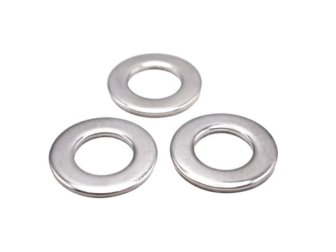 Three flat washers from the 412 Piece Flat Washer Set In 304 Stainless Steel M4 To M12 For Screws And Bolts Includes Beefy Heavy Duty Fender Washers