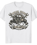 Retro Hot Rod Tee With Distressed Gear Wrench Emblem Design For Gearheads And Car Lovers Who Love Vintage Garage Style Artwork on a white cotton shirt featuring a classic car and tools.