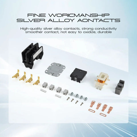 Components of 2 Pole 30 Amp 240V HVAC Contactor for Condensers, Compressors, and Heat Pumps, heavy-duty with silver alloy contacts.