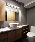 Bathroom setting with Five Light LED Vanity Light Bar For Bathrooms 31.5 Inch Modern Over Mirror Mount Glass And Stainless Steel Long Light
